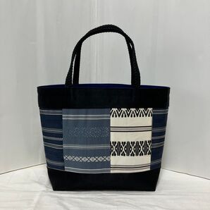 帯リメイク バッグ パッチワーク風 青系
