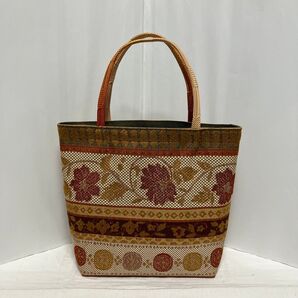 帯リメイク バッグ 赤茶色の花唐草