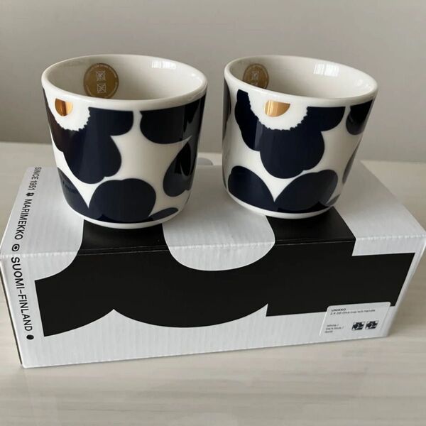 【新品未使用】マリメッコ marimekko ウニッコ ラテマグ(ネイビー×ゴールド)日本限定カラー コーヒーカップセット