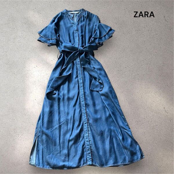 ZARA ザラ デニムワンピース ロング ベルト付き 半袖 フリル袖 Mサイズ おしゃれデザイン 半袖ワンピース ブルー