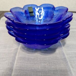 HOYAGLASSブルーガラスの花形器5個セット