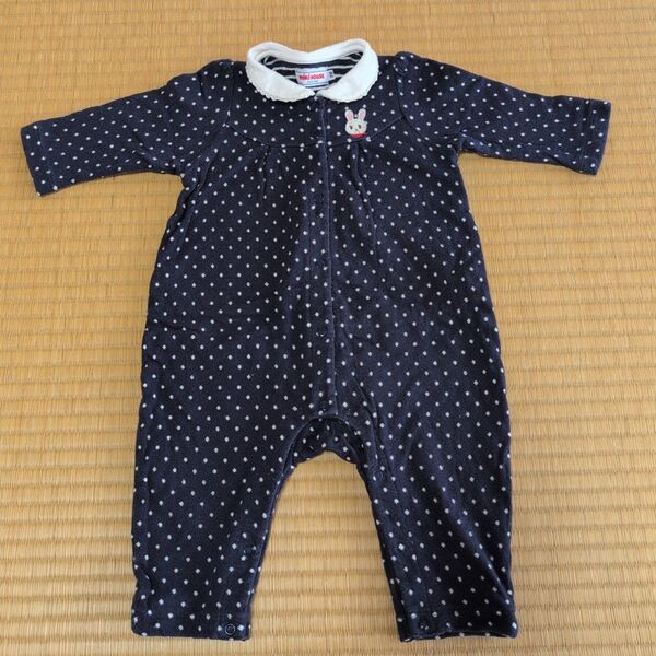 ミキハウス 長袖ロンパース 70cm ネイビー ドット柄 女の子