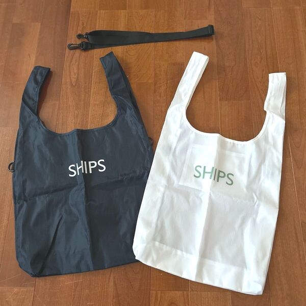 SHIPS シップス エコバッグ ホワイト・ネイビー 2枚組 ショルダーベルト付き