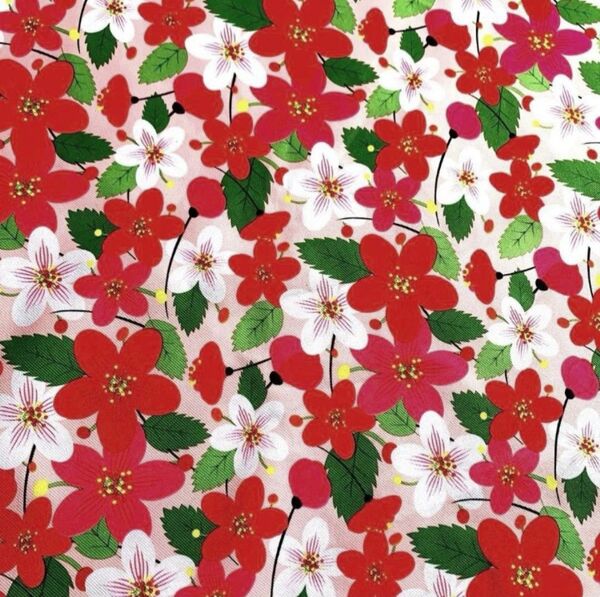 撥水加工生地 フラワー 花柄 ハギレ100cm レッド
