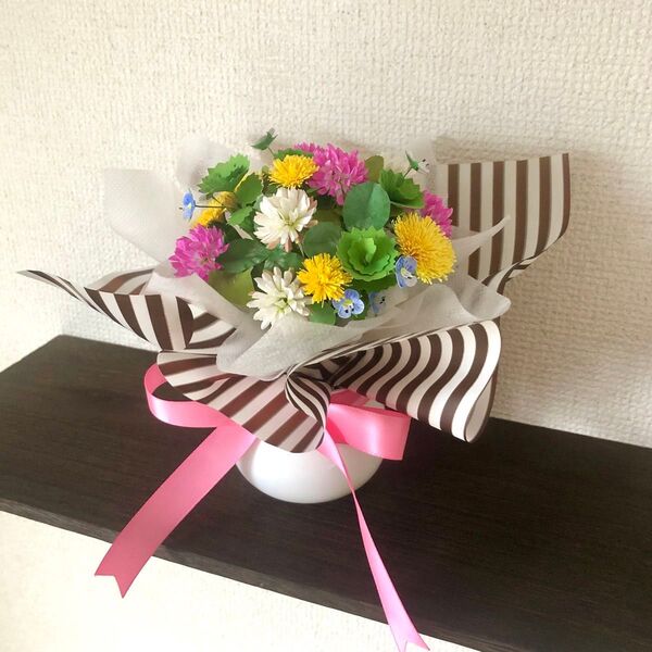野花のブーケ 卓上ver. ハンドメイド ペーパークラフト 紙 造花 花束 枯れない花 シロツメクサ ギフト インテリア 置物