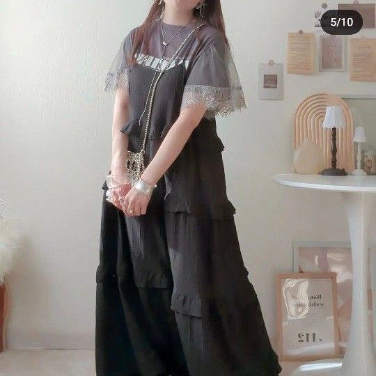 しまむら 袖レースロゴTシャツ 半袖 Мサイズ グレー