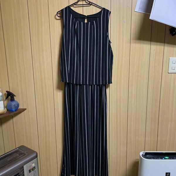 ストライプ柄オールインワン ノースリーブワイドパンツ