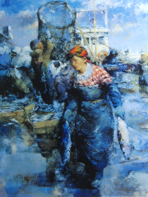 Kazuo Kudo, [Mujer en el puerto pesquero], De un raro libro de arte enmarcado., Buen estado, Nuevo con marco, pintor japonés, gastos de envío incluidos, cuadro, pintura al óleo, retrato