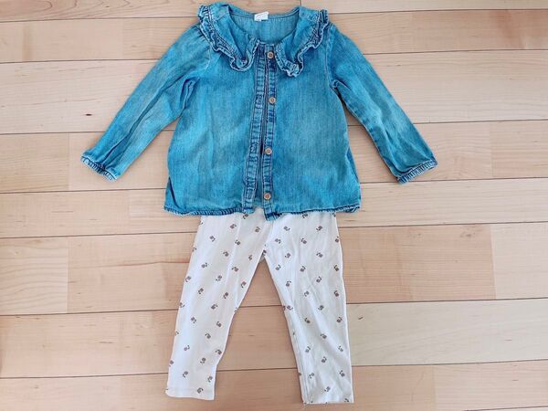 H&M 女の子 デニムシャツ&花柄レギンスセット 80 85