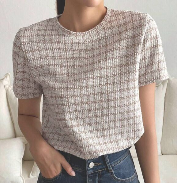 SHEIN DAZY チェック柄プリント ラウンドネックtシャツ 半袖 カーキ