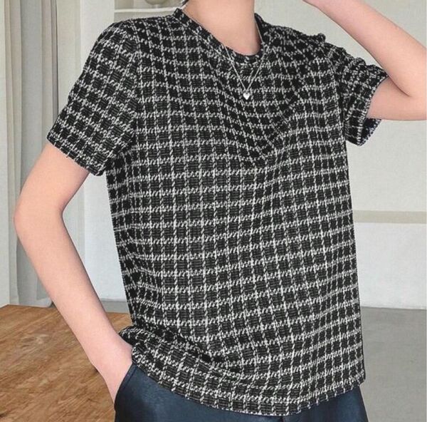 SHEIN DAZY チェック柄ラウンドネック半袖tシャツ カットソー ブラック