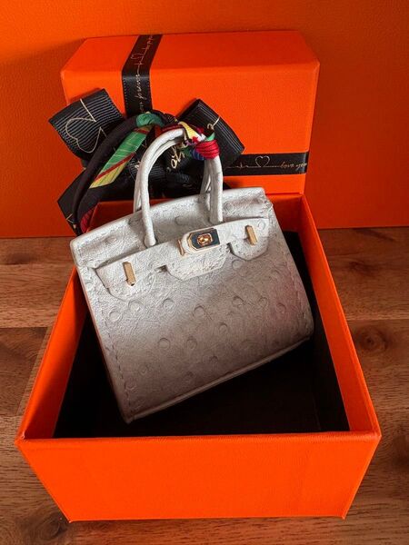 新品*BAG ミニバッグチャーム ミニチュアチャーム イヤホンケース オーストリッチ薄いグレー