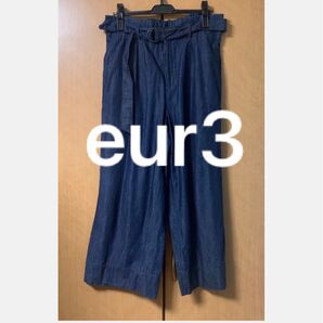 ク・eur3 エウルキューブ デニム ワイドパンツ ガウチョパンツ ベルト付き ブルー ワイドデニムパンツ スカンツ