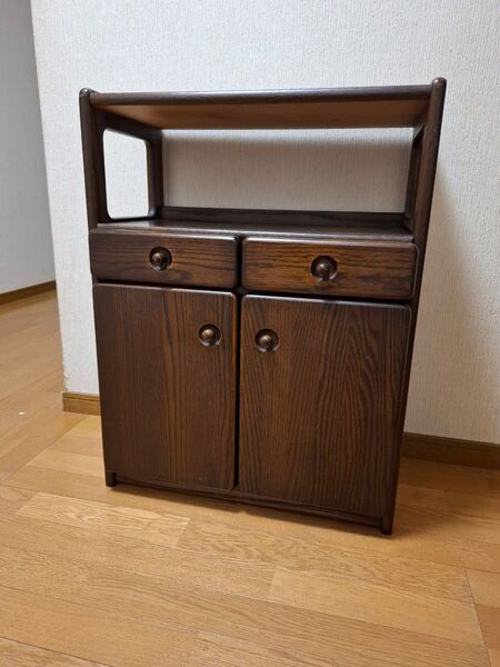 昭和レトロ電話台 ダークブラウン ファックス台 木製 自由棚 引き出し・扉付き
