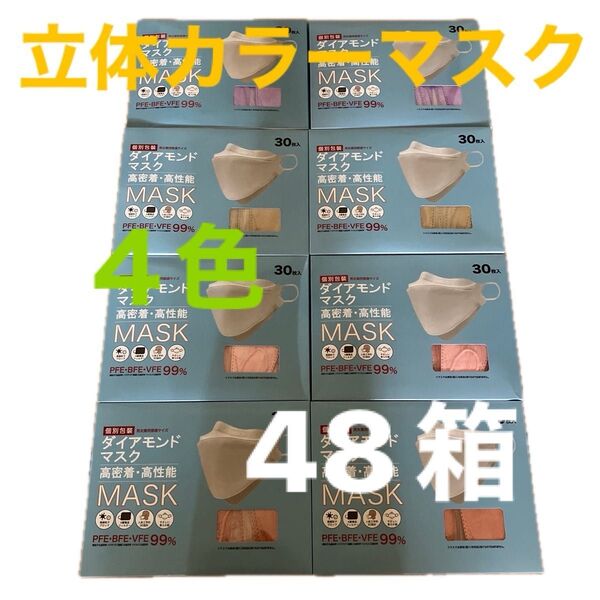立体カラーマスク 個包装 48箱 4色×12箱ずつ 男女兼用 普通サイズ