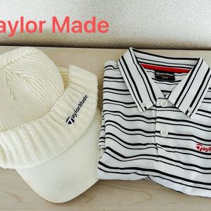 TaylorMade テーラーメイド ゴルフ ホワイト ニット帽 キャップ 白黒ボーダー 半袖 ポロシャツ 2点セット