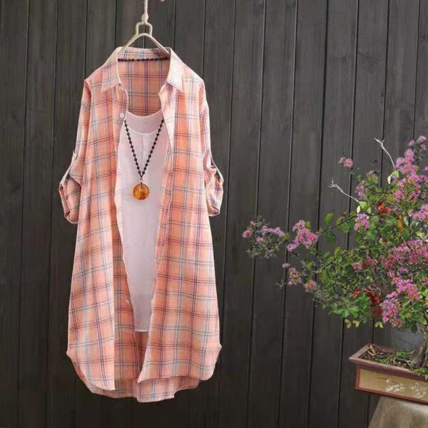 薄手シャツワンピース ロングシャツ チェック柄 チュニック ゆったり 長袖 レディース オレンジMサイズ