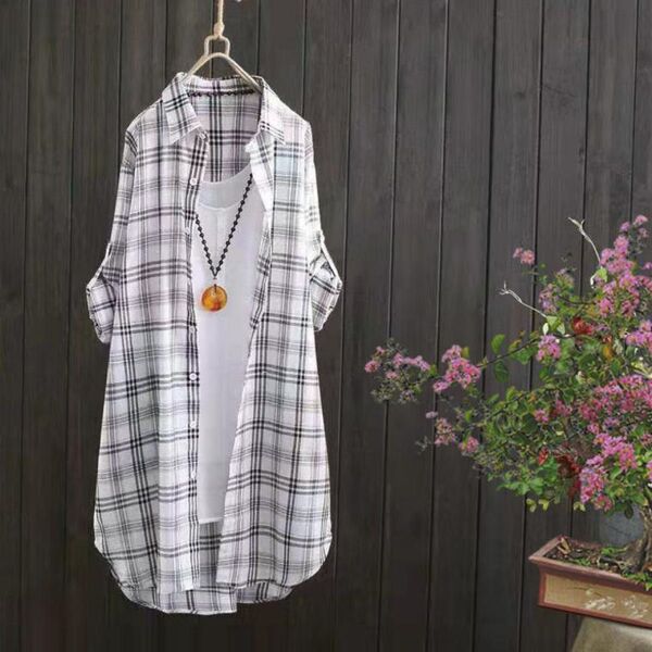 薄手シャツワンピース ロングシャツ チェック柄 チュニック ゆったり 長袖 レディース ホワイトMサイズ