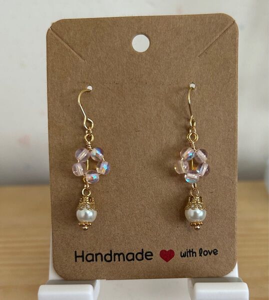NO117 お花アクリルビーズベル型パールピアス