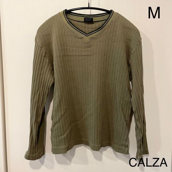 CALZA Vネック長袖Tシャツ M カーキ グリーン