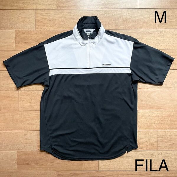 FILA ハーフジップアップ 半袖シャツ メンズ M ブラック×ホワイト