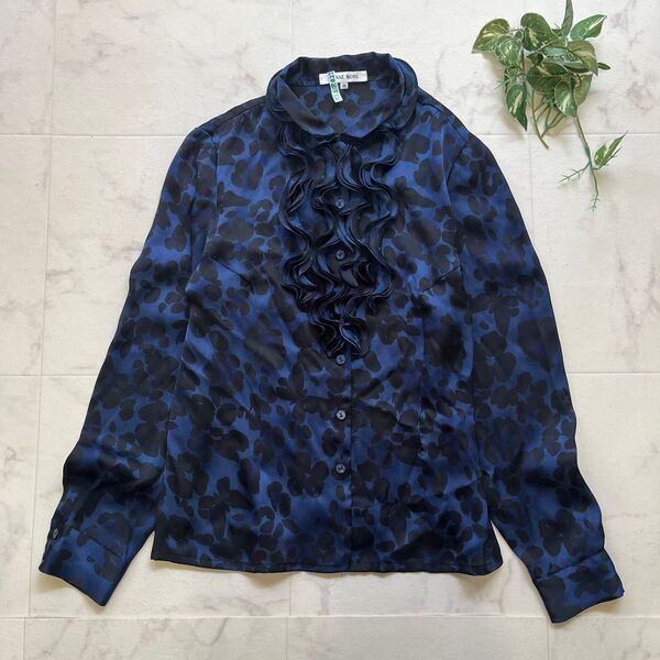 極美品 HANAE MORI フリル花柄ブラウス サイズ38 クリーニング済 青