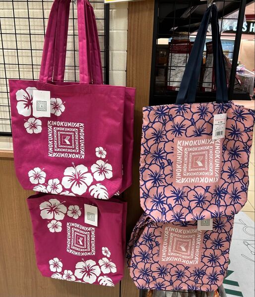 新品タグ付き 紀伊國屋 沖縄限定 ハイビスカス柄エコバッグ 濃ピンク