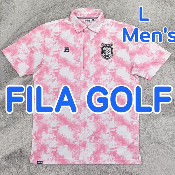 FILA GOLF フィラ ゴルフ ポロシャツ 半袖 ゴルフシャツ 白 × ピンク 総柄 速乾ドライ ストレッチ メンズ L