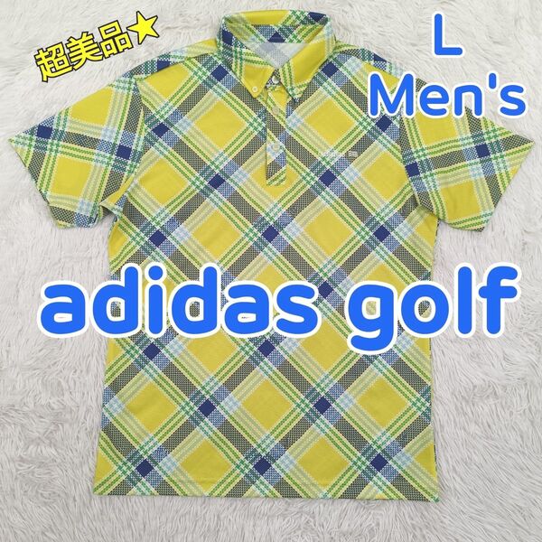 adidas アディダス ゴルフ ポロシャツ 半袖 ボタンダウン ゴルフシャツ 黄色× 紺色 斜めチェック ドライ ストレッチ