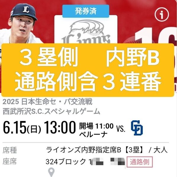 ②西武ライオンズ チケット 中日ドラゴンズ 三塁側 内野B 通路側 内野S席隣のブロックの3席 5連番まで対応可