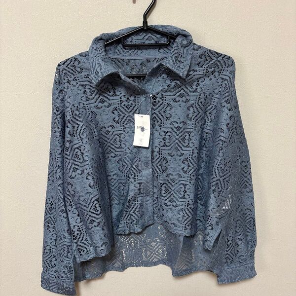 earth music&ecologyサックス くすみブルー レース ブラウス シャツ