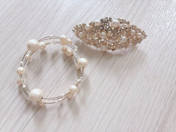 バレッタ ブレスレット セット パール ホワイト 白 ヘアアクセサリー アクセサリー ビジュー ゴールド