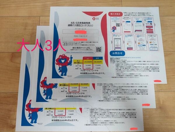 EXPO 2025 大阪 万博 通期パス割引コード 大人3枚 未使用品