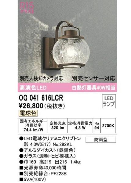 オーデリック エクステリア・ポーチライト 【OG041616LCR】 電球色 LED シーリングライト 防雨型