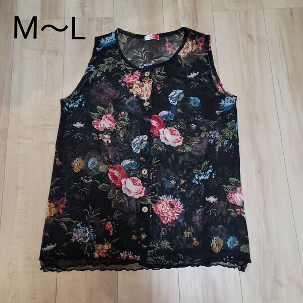 婦人服 花柄チュニック ノースリーブトップス M~L