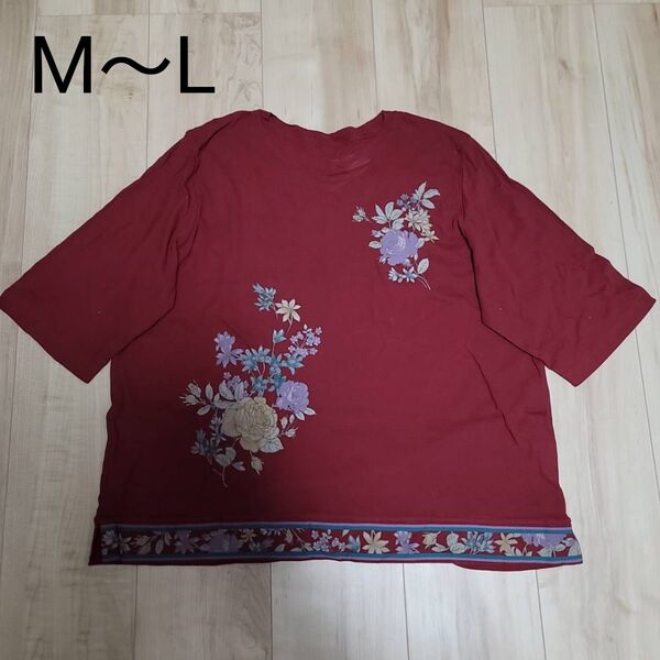 婦人服 ミセス 花柄トップス レッド 五分袖 M~L