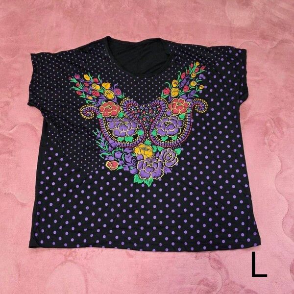 トップス 花柄 ドット柄 ノースリーブTシャツ L