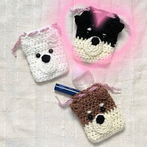 編み物 ハンドメイド品 手編みの犬巾着ポーチ 柴犬 黒柴