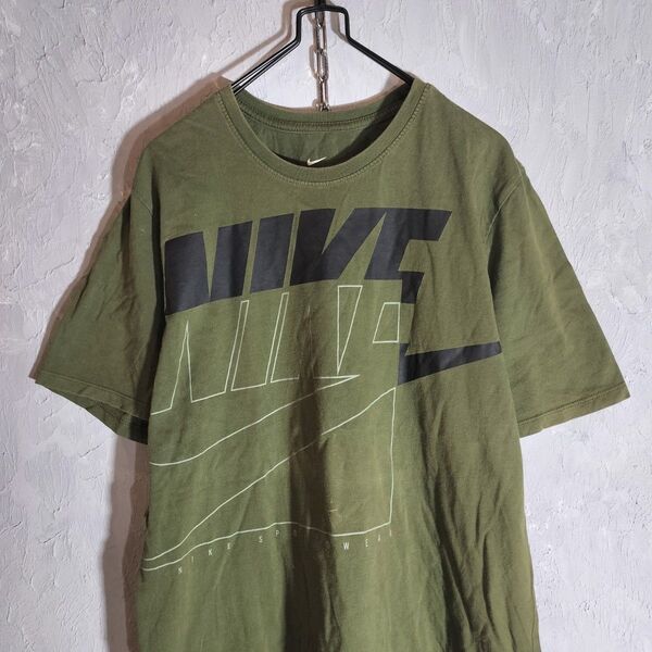 NIKE ナイキ ビッグロゴ 半袖 Tシャツ カーキグリーン L アメカジ ストリート スケーター アメリカ古着 ユニセックス