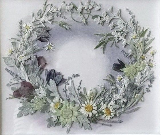 押し花アート〜モノトーンカラーのナチュラルリース〜インテリア 押し花額 額装 花 絵画 リース アート 壁飾り ハンドメイド