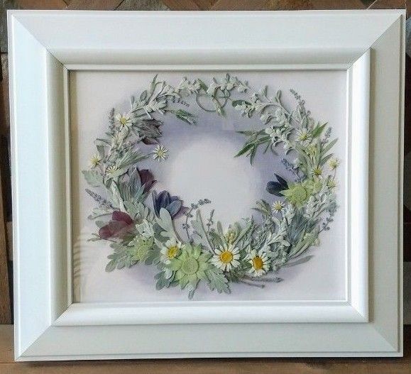 押し花アート〜モノトーンカラーのナチュラルリース〜インテリア 押し花額 額装 花 絵画 リース アート 壁飾り ハンドメイド