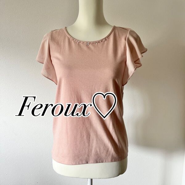 Feroux フリル袖ビーズ装飾半袖トップス ピンク Tシャツ カットソー