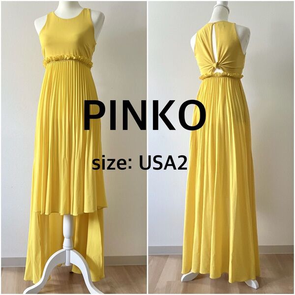 PINKO ピンコイエロー ノースリーブ プリーツロングワンピース USA2