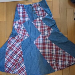 デニム×チェック柄 ロングスカート