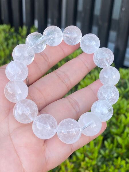 天然レインボー入り 大粒15mm+ホワイトファントムクォーツブレスレット男女兼用