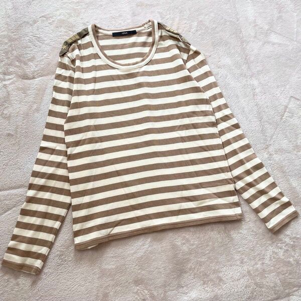 IENA イエナ ボーダー カットソー ストライプ 長袖 Uネック Tシャツ ベージュ×ホワイト コットン 綿