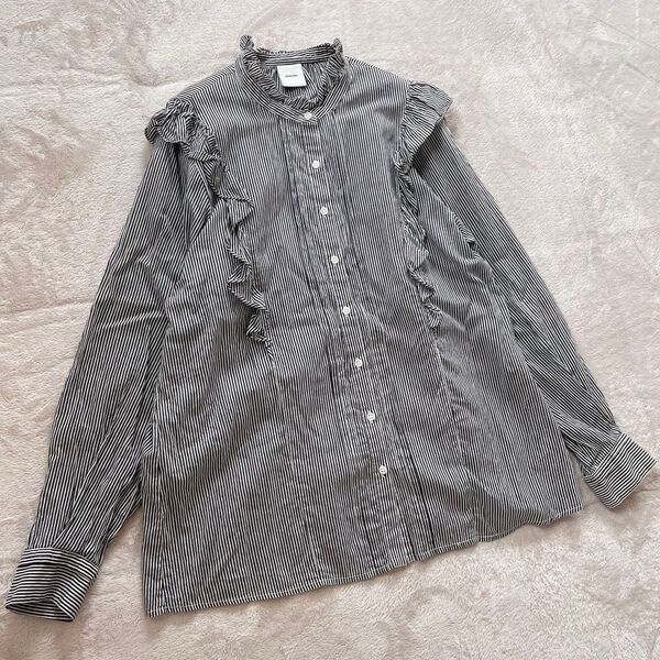 spick&span スピックアンドスパン シャツ コットンシルク ブラウス フリル ストライプ 長袖 ボタン 綿 絹