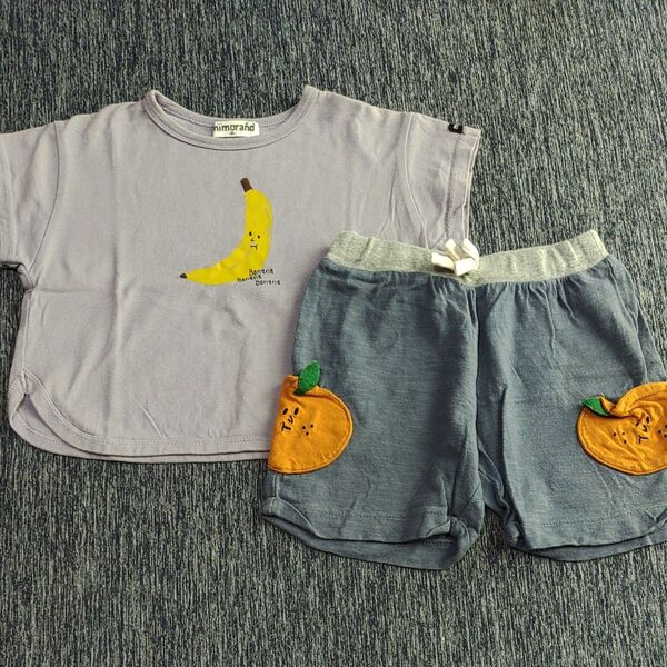 中古服 mimorand ミモランド フルーツシリーズ バナナ 半袖 Tシャツ オレンジ ハーフパンツ 90cm