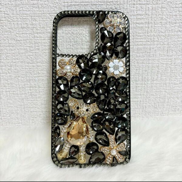 【新品】iPhone14 Pro Max デコケース デコ電 くま 花 黒 プロ ケース 豪華 デコ電 クマ かわいい キラキラ