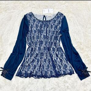 【タグ付】axes femme 紺 花柄レース ストライプ バレエコア トップス アクシーズファム カットソー ブラウス 青